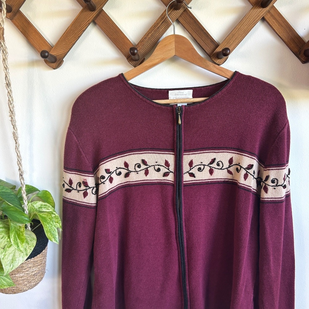 Vintage Christopher & Banks Burgundy Zip Hand Embroidered Cardigan Cottagecore